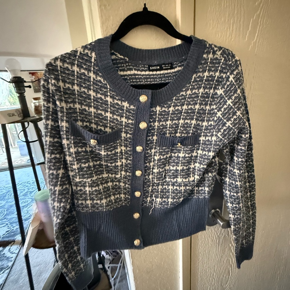 SHEIN Navy and Cream Button-Up Cardigan
